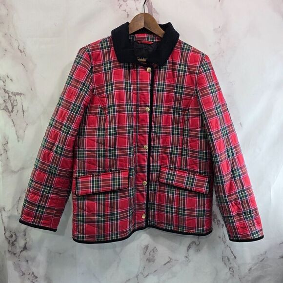 Talbots Jacket Womens Large Red Navy Plaid Corduroy Puffer Shacket Button Snap - Picture 1 of 12